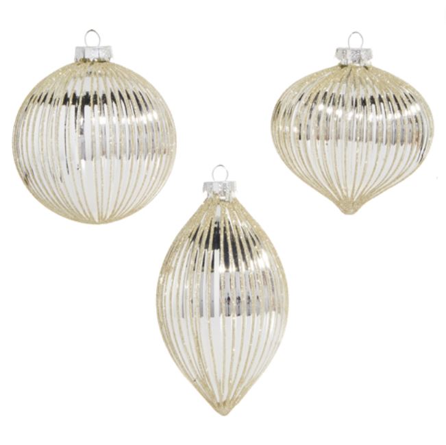 Silver Glitter Ribbed Ornament 4in Assorted