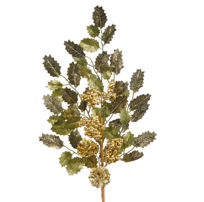 Glittered Holly and Pinecone Spray 30in