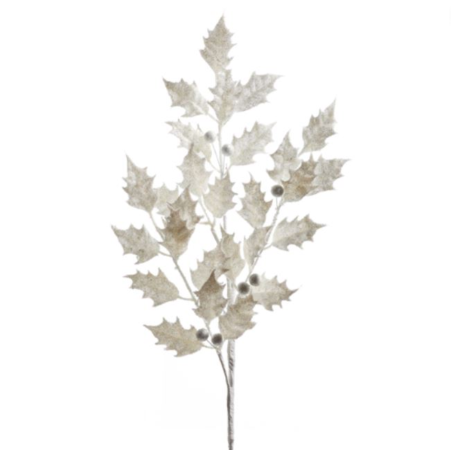 White Glittered Holly Spray 29in