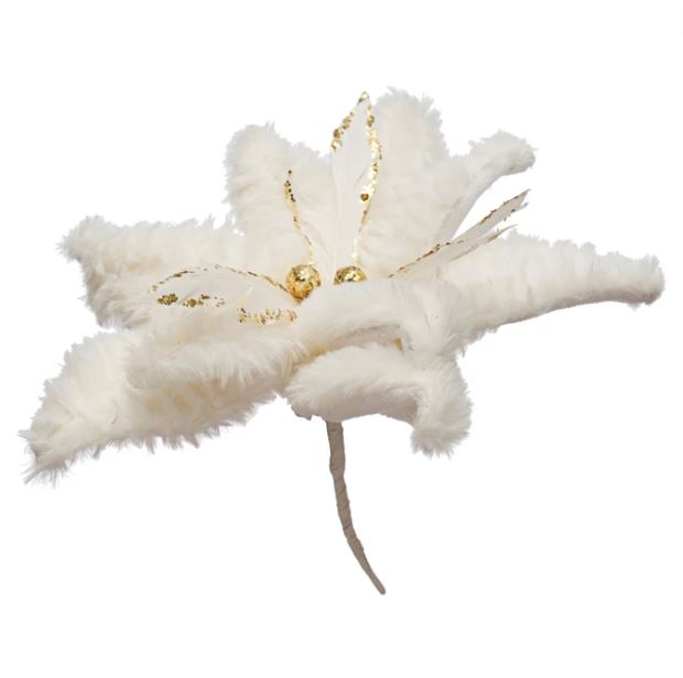 Faux Fur Poinsettia Clip-on Ornament White & Gold 7in