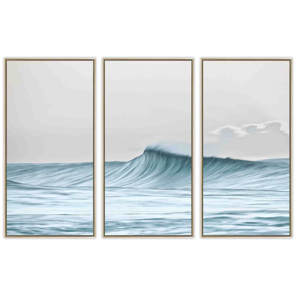 Wave Tryptic Framed Print on Tempered Glass 17x34in 3pc