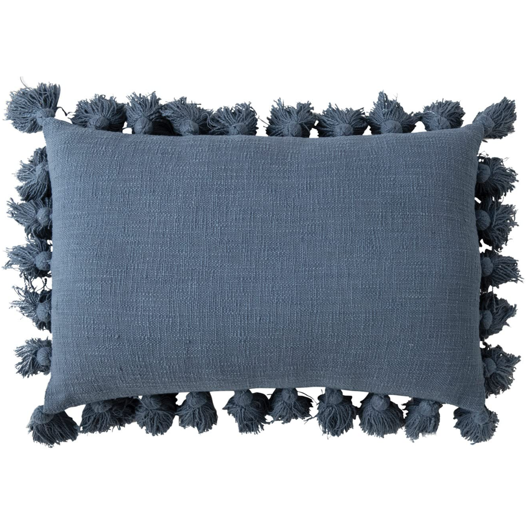 Blue Cotton Slub Lumbar Pillow w/ Tassels 16x24in