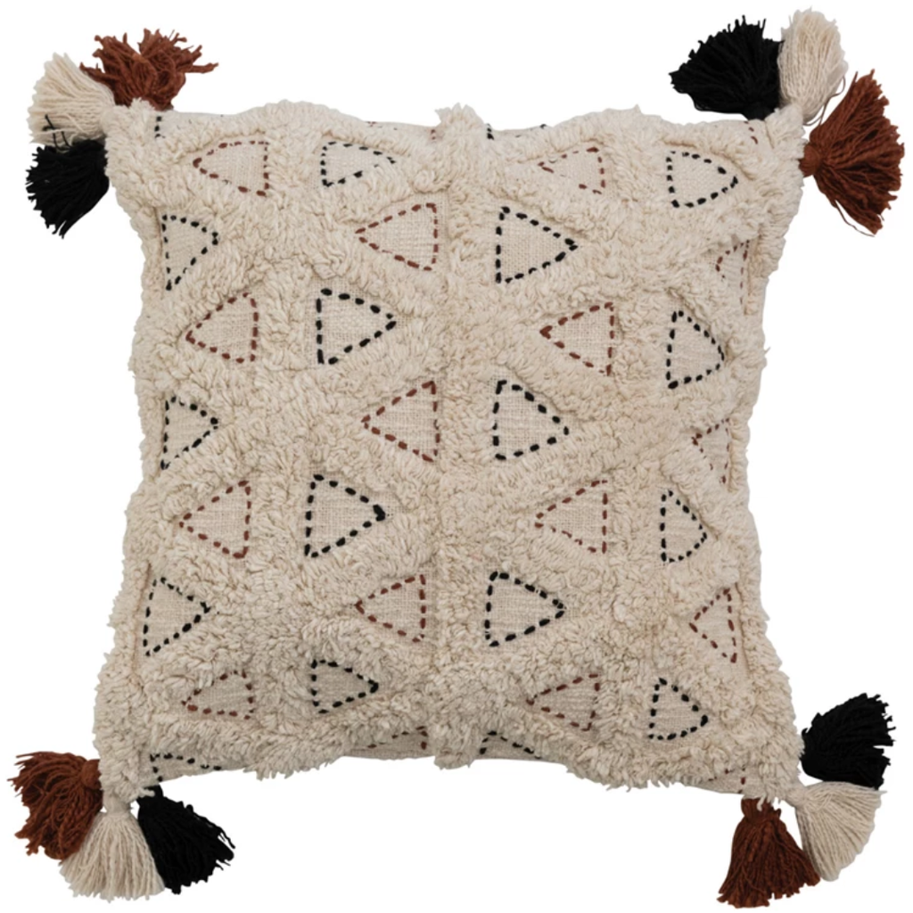 Kantha Stitch Pillow with Tassels 18in
