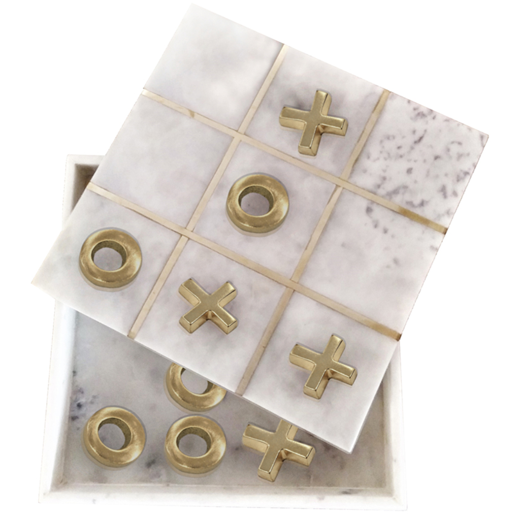 Marble Tic-Tac-Toe Box with Brass Inlay White 12x12x2