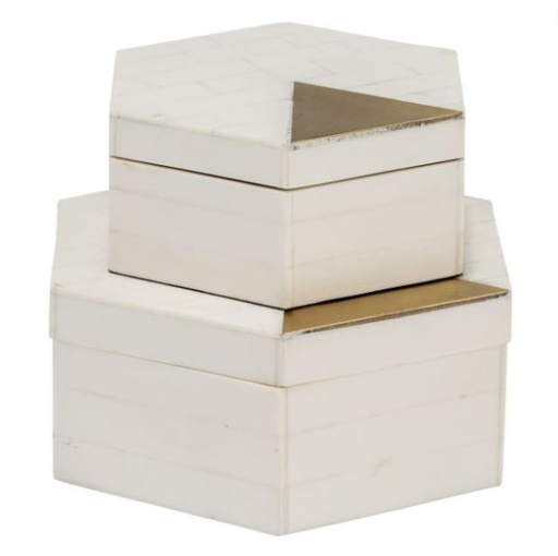 [168683-TT] Resin Hexagon Box with Brass Inlay White Gold 5in