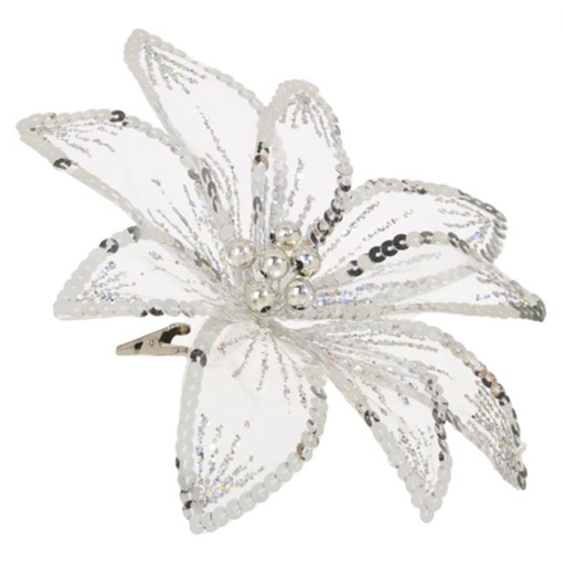 [169806-TT] Clip-on Silver Sequin Poinsettia Ornament 8in
