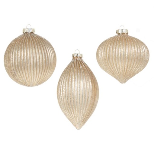 [169811-TT] Ribbed Glitter Ornament Champagne 4in Assorted