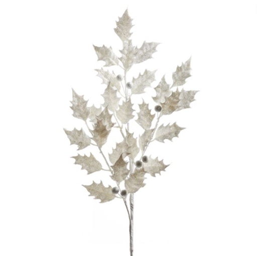 [169840-TT] White Glittered Holly Spray 29in