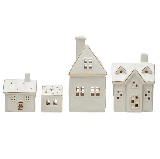 [169887-TT] Stoneware Village with LED Lights White Set of 4