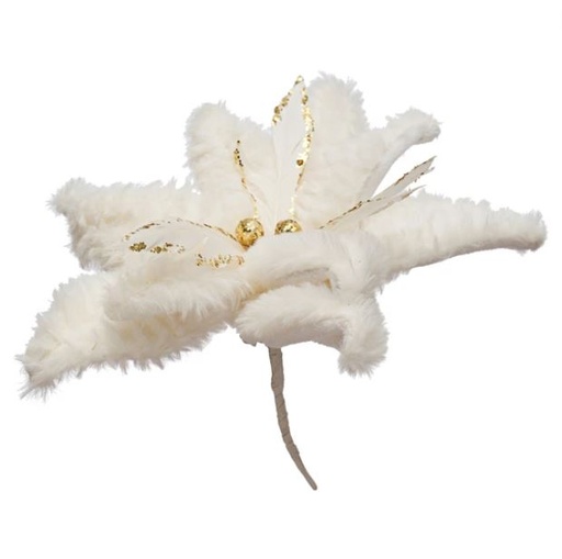 [169902-TT] Faux Fur Poinsettia Clip-on Ornament White & Gold 7in