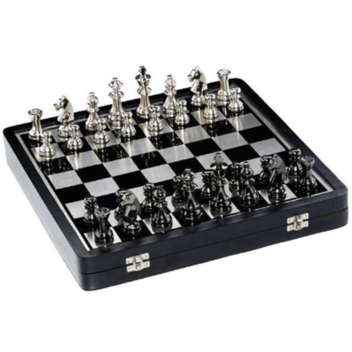 [170854-TT] Black Aluminum Chess Game Set w/ Storage 15x16in