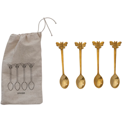 [172644-TT] Brass Spoons w/ Bees, Set of 4 in Printed Drawstring Bag