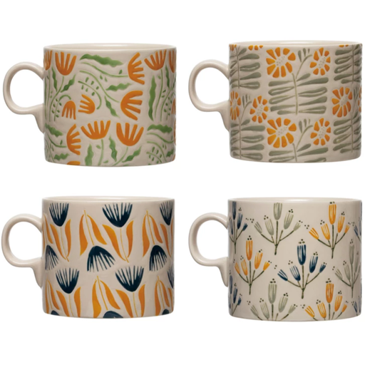 [172663-TT] Hand-Painted Stoneware Mug w/ Wax Relief Flowers, 4 Styles 18 oz.