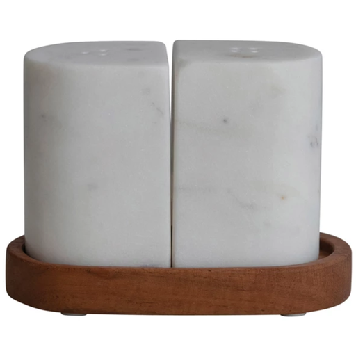 [172679-TT] Marble Salt & Pepper Shakers w/ Acacia Wood Tray Set of 3