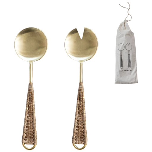 [172784-TT] Stainless Steel Rattan Salad Sever w/ Gold Finish in Drawstring Bag