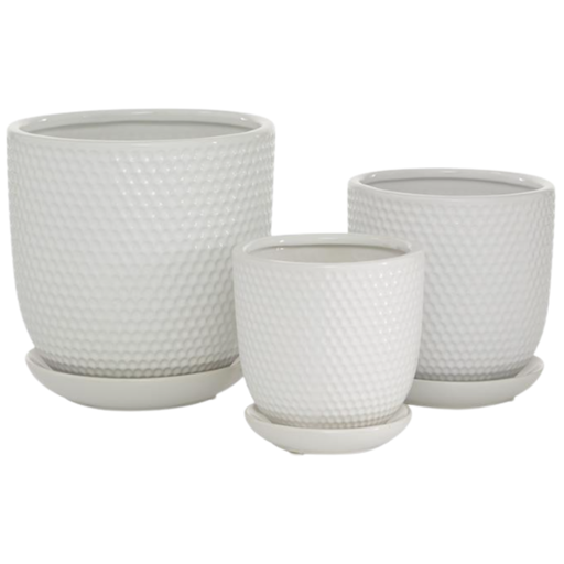 [172903-TT] White Textured Ceramic Planter w/ Attached Saucer LG