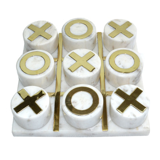 [173727-TT] White & Gold Marble Tic Tac Toe 7in