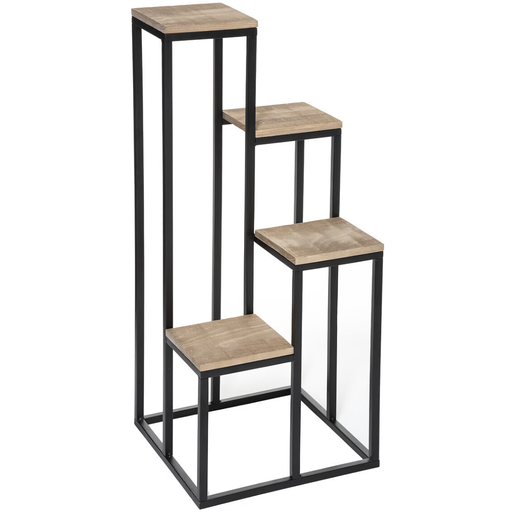 [173816-TT] Black Metal & Wood 4-Level Plant Stand