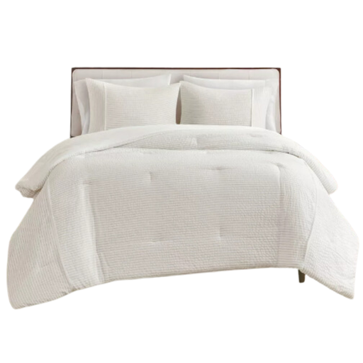 [174171-TT] Apollo Striped Seersucker King Comforter Set Ivory 3 pc