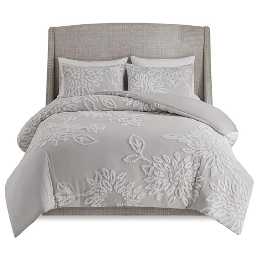 [174174-TT] Veronica 3 Piece Tufted Cotton Chenille Floral Queen Comforter Set Grey