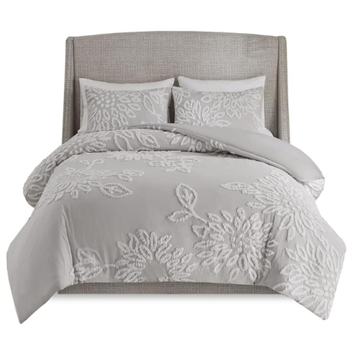 [174175-TT] Veronica Tufted Cotton Chenille Floral King Comforter Set Grey 3 pc