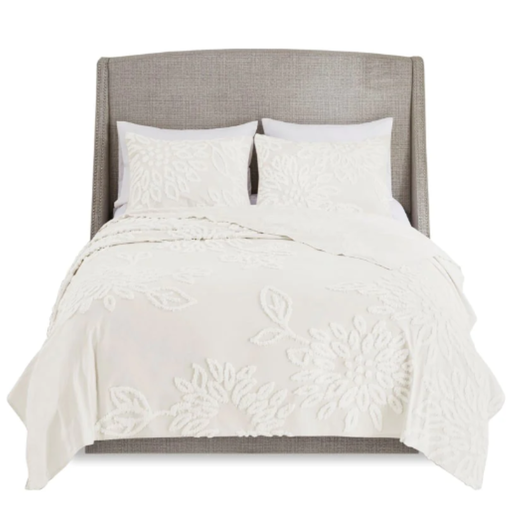 [174176-TT] Veronica 3 Piece Tufted Cotton Chenille Floral Queen Comforter Set Off-White