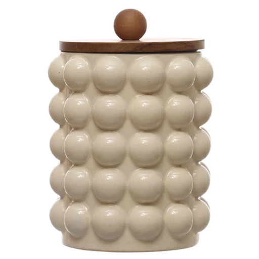 [174715-TT] Hobnail Stoneware Canister With Wood Top 8.25in