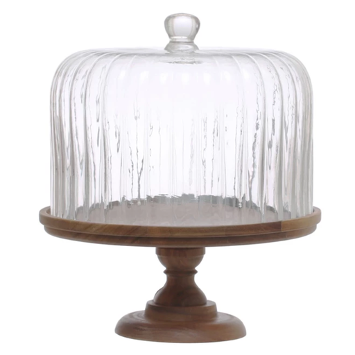 [174766-TT] Wood Footed Cake Stand With Glass Cloche