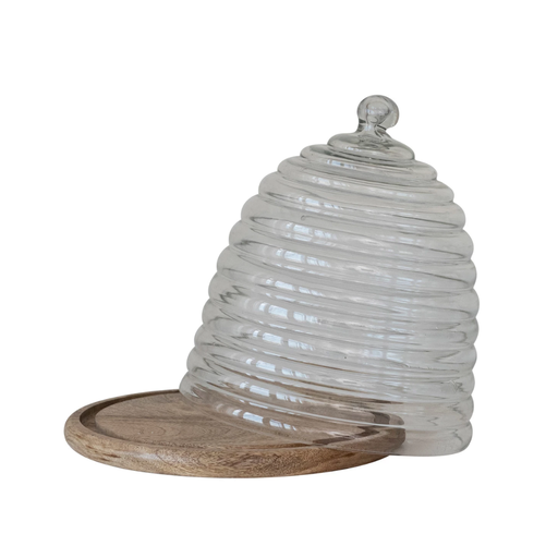 [174688-TT] Beehive Shaped Glass Cloche With Wood Stand 11in