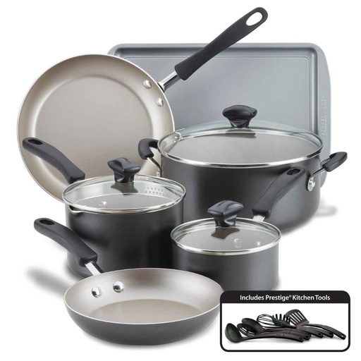 [176570-TT] Farberware Aluminum Nonstick Cookware Set Pewter 15pc