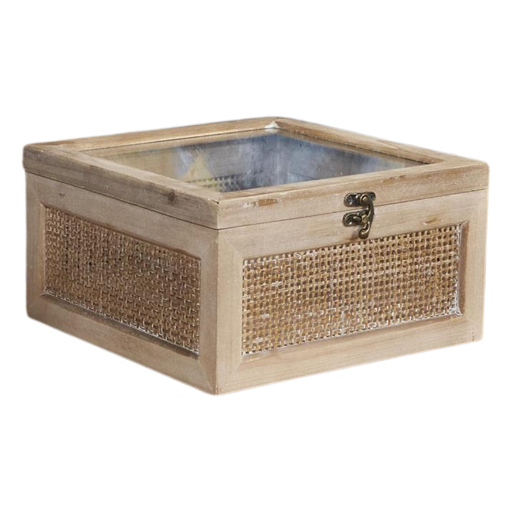[176876-TT] Woven Rattan Box With Glass Top 9in