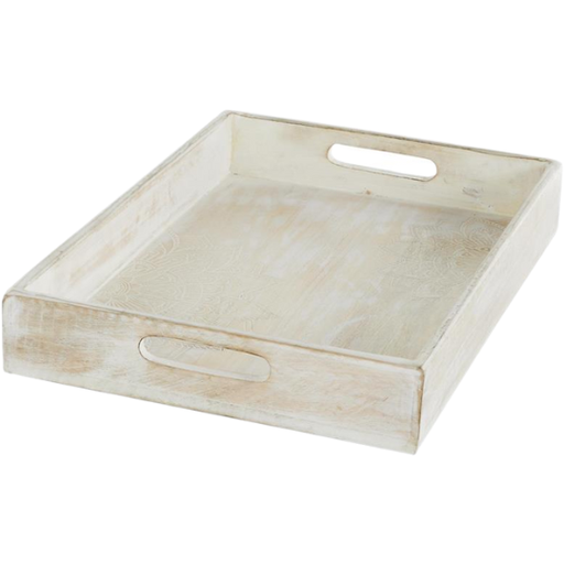 [176892-TT] Mango Whitewashed Tray With Carved Mandala 18in