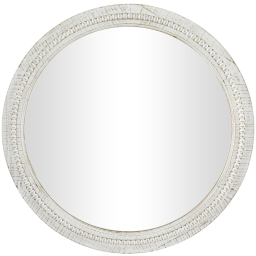 [176926-TT] Carved Wood Wall Mirror With Whitewashed Beaded Frame 36in