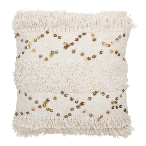 [177288-TT] Fringed Tufted Sequin Pillow Cream Gold 18in