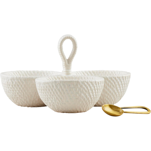 [178383-TT] Basket Weave Stoneware Triple Tidbit Bowls Set 2pc 8x5.5in