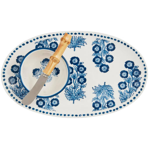 [178380-TT] Blue Floral Serving Platter and Tidbit Set 2pc 11.25x6.75in