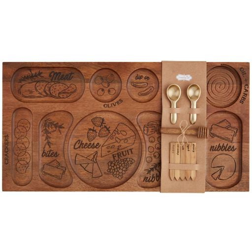 [178372-TT] Mango Wood Engraved Charcuterie Set 9pc 22x11.5in