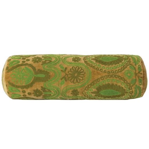 [178575-TT] Velvet Embroidered Bolster Pillow Green 21x7in