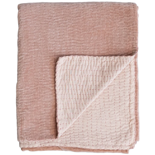 [178548-TT] Hand-Embroidered Kantha Cotton Velvet Throw Blush 60x50in