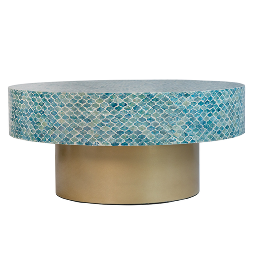 [179121-TT] Hyperion Capiz Inlay Drum Coffee Table Turquoise 35x16in