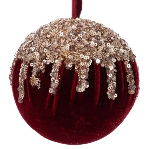 [179668-TT] Velvet & Gold Sequin Bauble Burgundy 4in