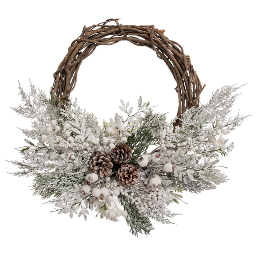 [179705-TT] Snowy Wreath with Berries and Pine Cones White 20in