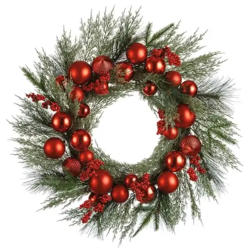 [179733-TT] Pine Wreath with Berries and Ball Ornaments Red 26in