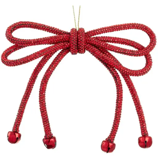 [179758-TT] Sparkle Bow Ornament with Bells Red 5.5in