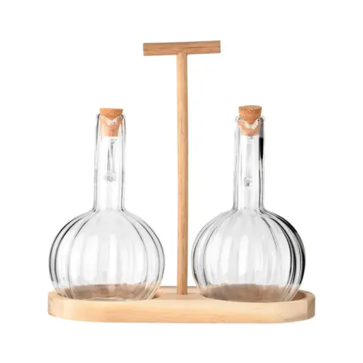 [179997-TT] Allure Glass Oil & Vinegar Set with Wood Base 3pc