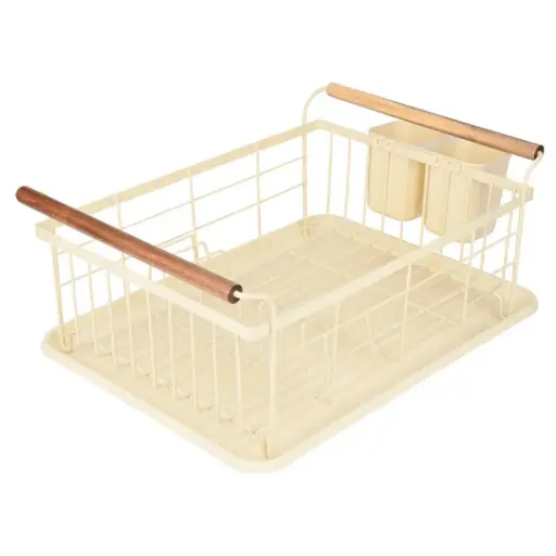 [180039-TT] Allure Metal Dish Rack with Wood Handles Ivory