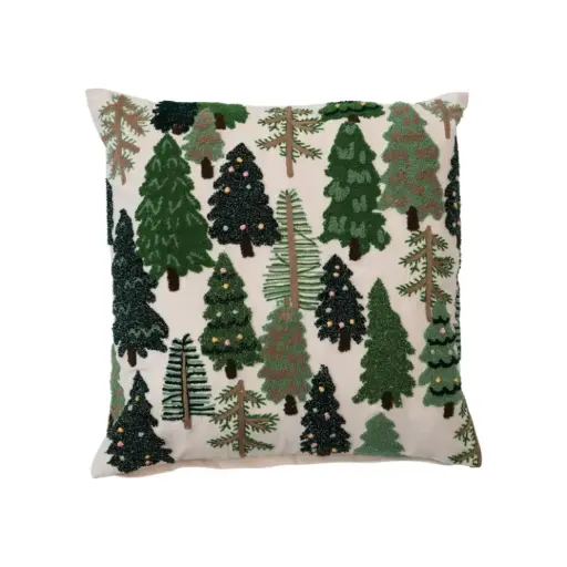 [180331-TT] Cotton Slub Pillow with Tufted Christmas Trees Natural 20in