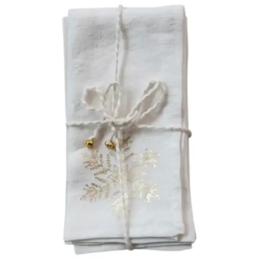 [180332-TT] Linen Napkins with Gold Foil Snowflakes Natural 18in 4pc