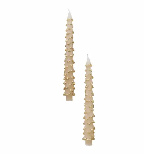 [180334-TT] Unscented Tree Shaped Taper Candles with Gold Tips Eggnog 10in 2pc