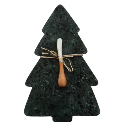 [180337-TT] Marble Christmas Tree Serving Board with Mango Wood Canape Knife Green 14in